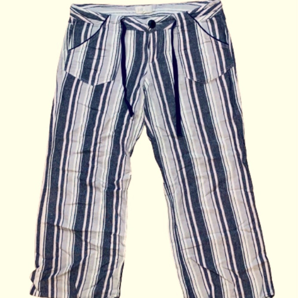 Jolt Women’s 9 Vintage Linen Palazzo White & Blue Striped Wide Leg Lounge Pants